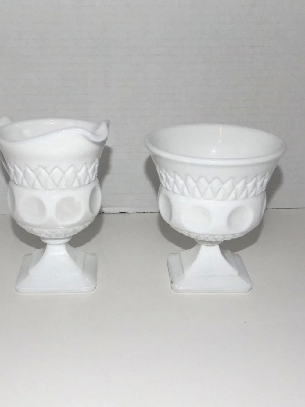 1957-58 McKee Plymouth Thumbprint White Milk Glass Creamer & Sugar Bowl